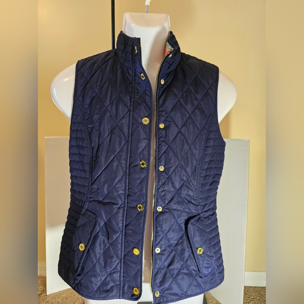 Lilly Pulitzer Navy Dark Blue Puffer Vest Gold Buttons Colorful Lining Size S